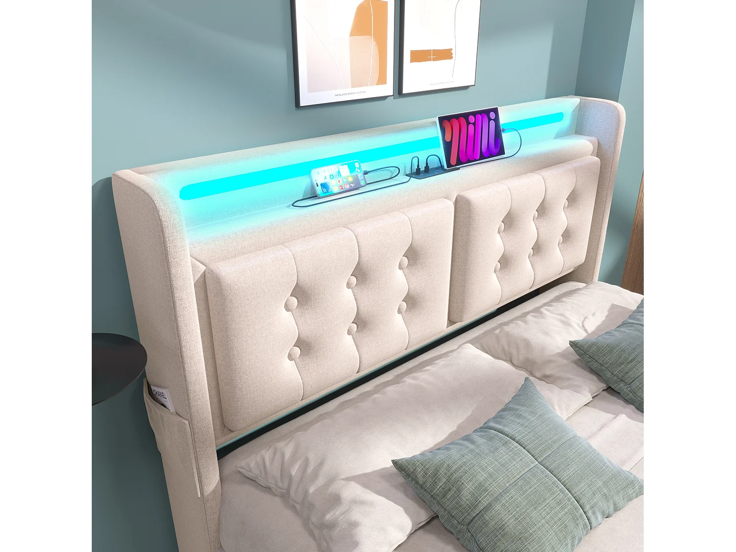 Lit double 180x200 avec tête de lit LED et port USB-C, lit hydraulique avec sommier en bois et cadre métallique, capacité 300 kg, beige, coton (sans matelas)