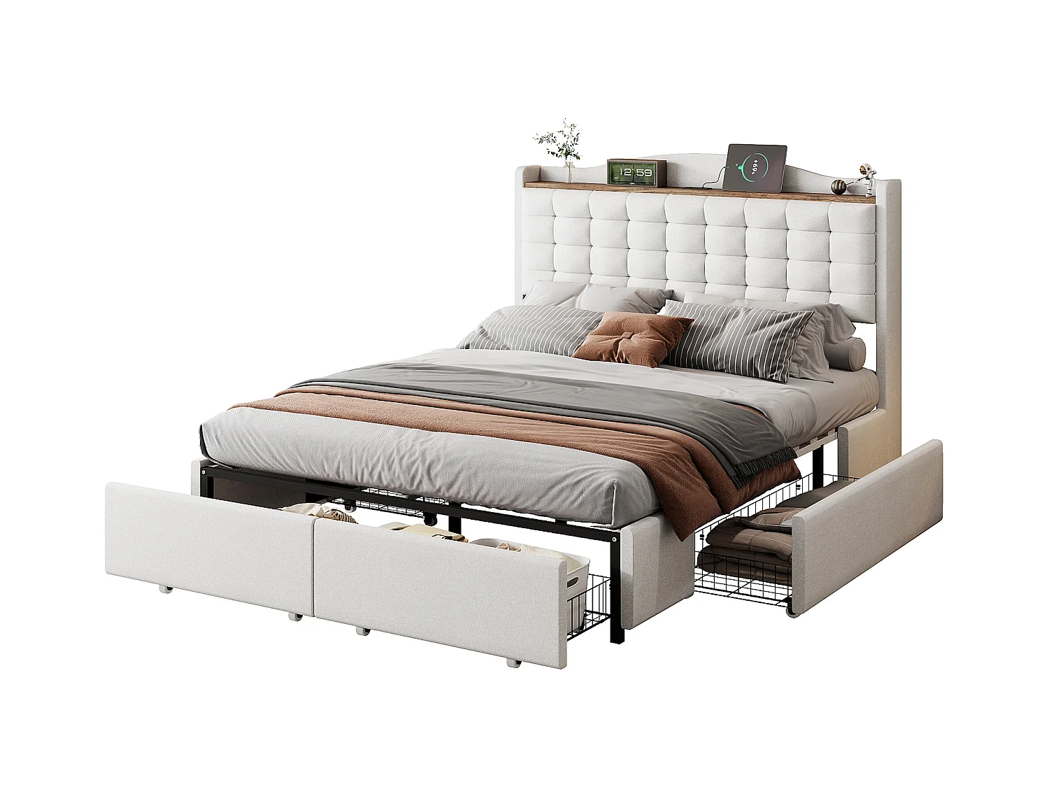 Lit Polster 140 x 200 cm, table de nuit avec port USB et étagère, lit double avec 4 tiroirs, tissu en lin beige.