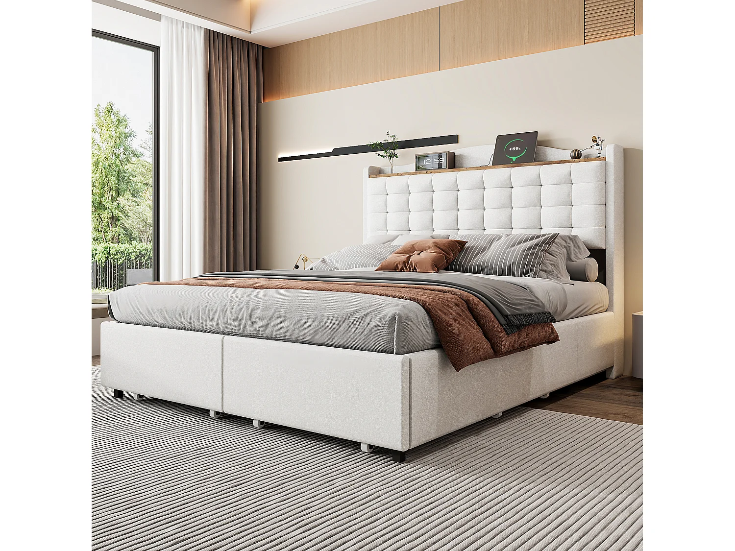 Lit Polster 140 x 200 cm, table de nuit avec port USB et étagère, lit double avec 4 tiroirs, tissu en lin beige.