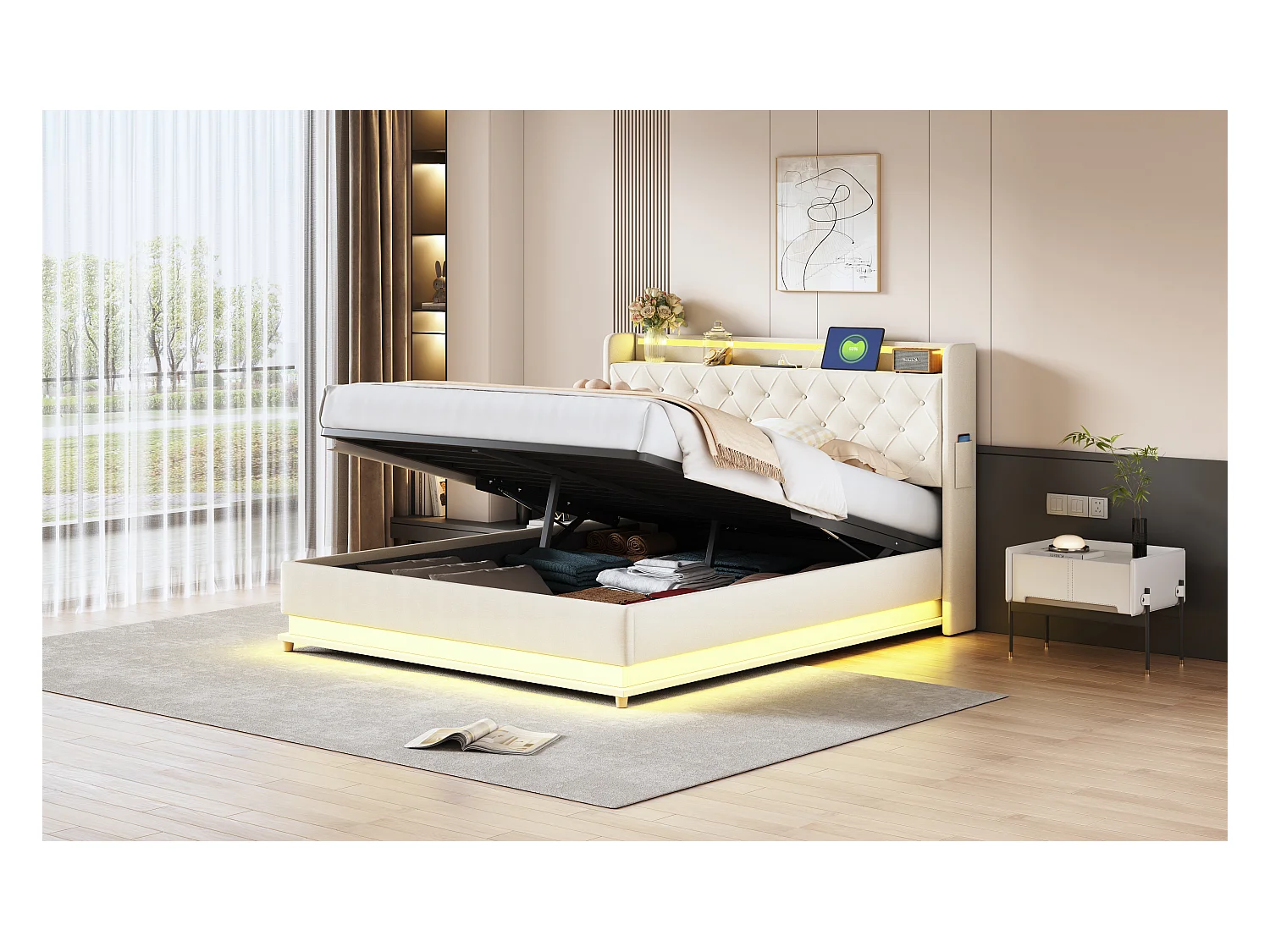 Lit LED 160 x 200 cm avec Port USB et Rangement Hydraulique, en Tissu Lin Beige