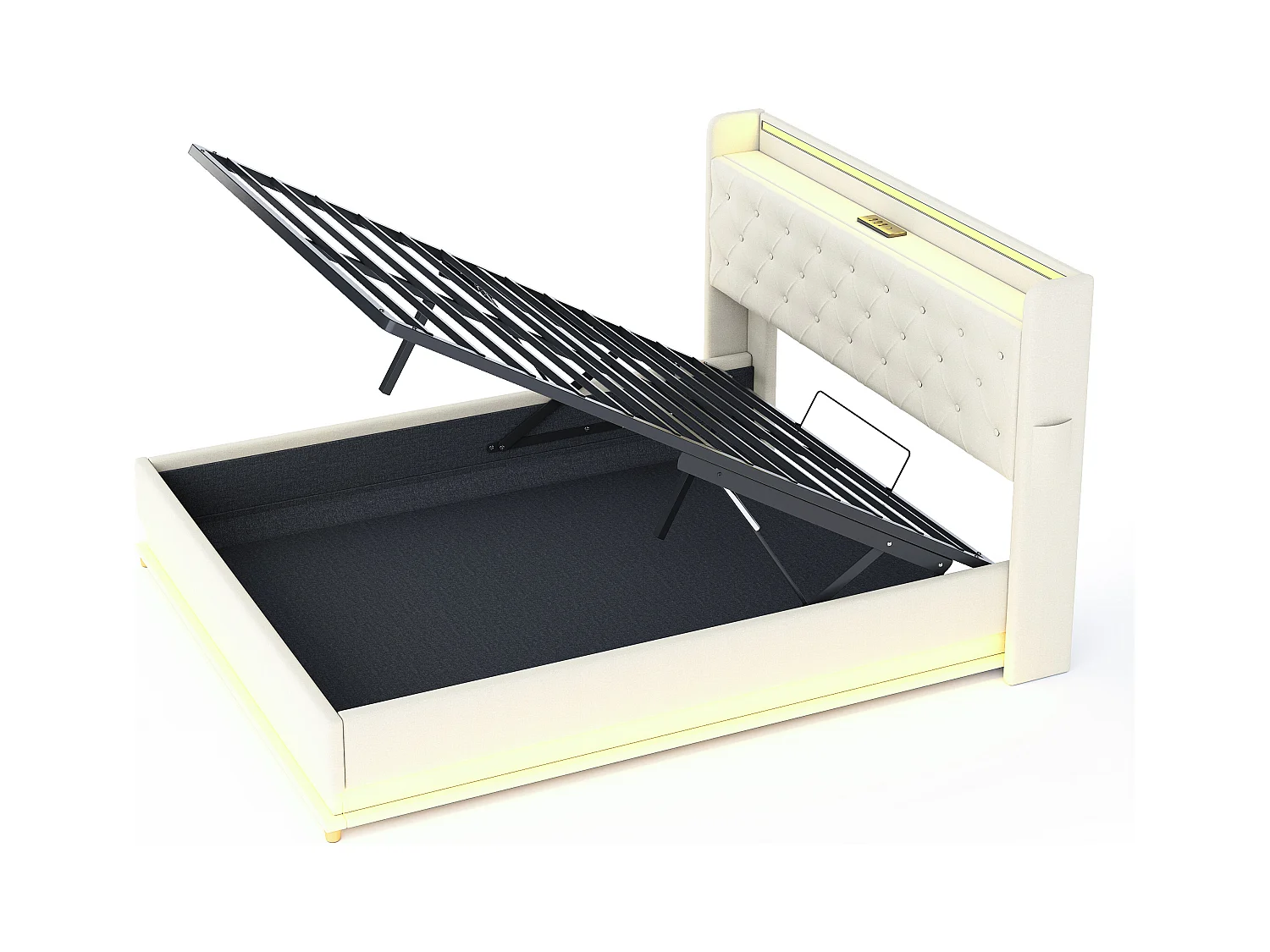 Lit LED 160 x 200 cm avec Port USB et Rangement Hydraulique, en Tissu Lin Beige