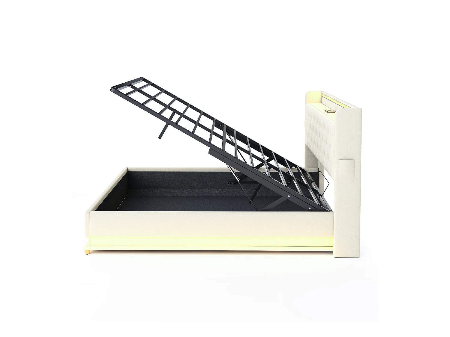 Lit LED 160 x 200 cm avec Port USB et Rangement Hydraulique, en Tissu Lin Beige