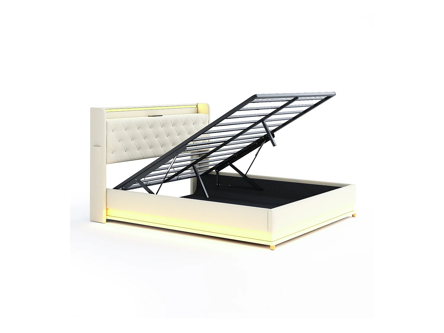 Lit LED 160 x 200 cm avec Port USB et Rangement Hydraulique, en Tissu Lin Beige