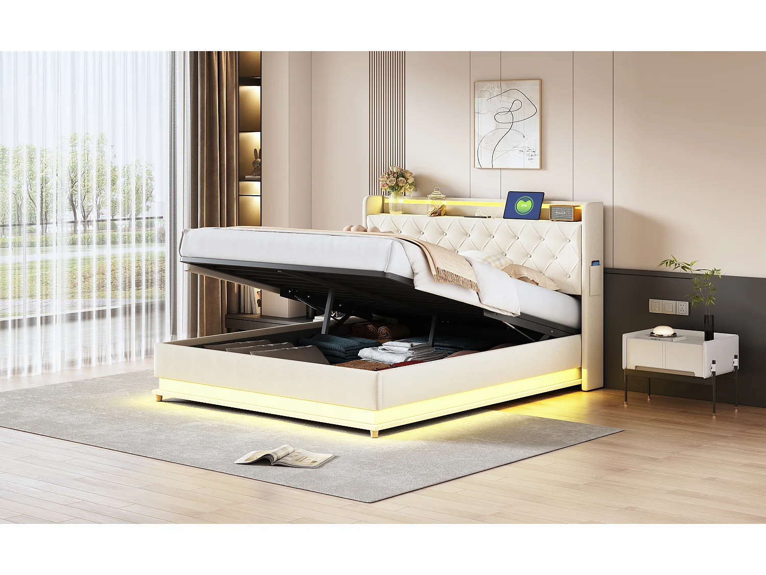 Lit LED 160 x 200 cm avec Port USB et Rangement Hydraulique, en Tissu Lin Beige