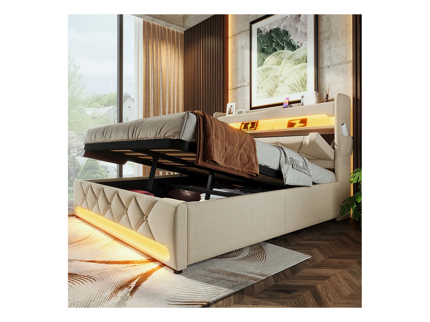 Lit tapissier double 180×200cm : Tête rangement (USB/Typ-C), LED 360° surround (tête/pied), rangement hydraulique, beige, lin (sans matelas)