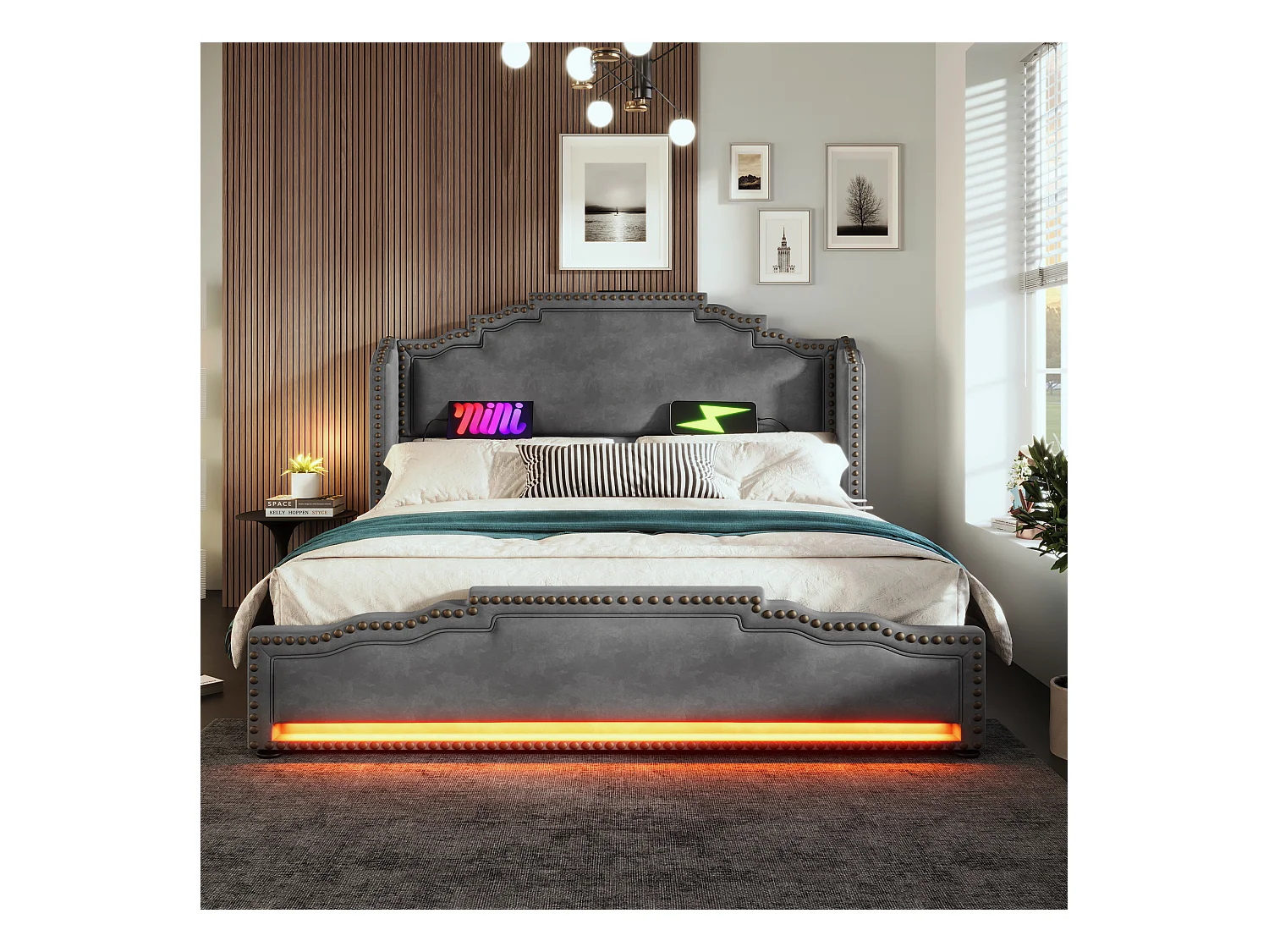 Lit tapissier double 160×200cm : 4 tiroirs, LED + prise USB-C, rangement + lit ado, lattes de support, velours, gris (sans matelas)