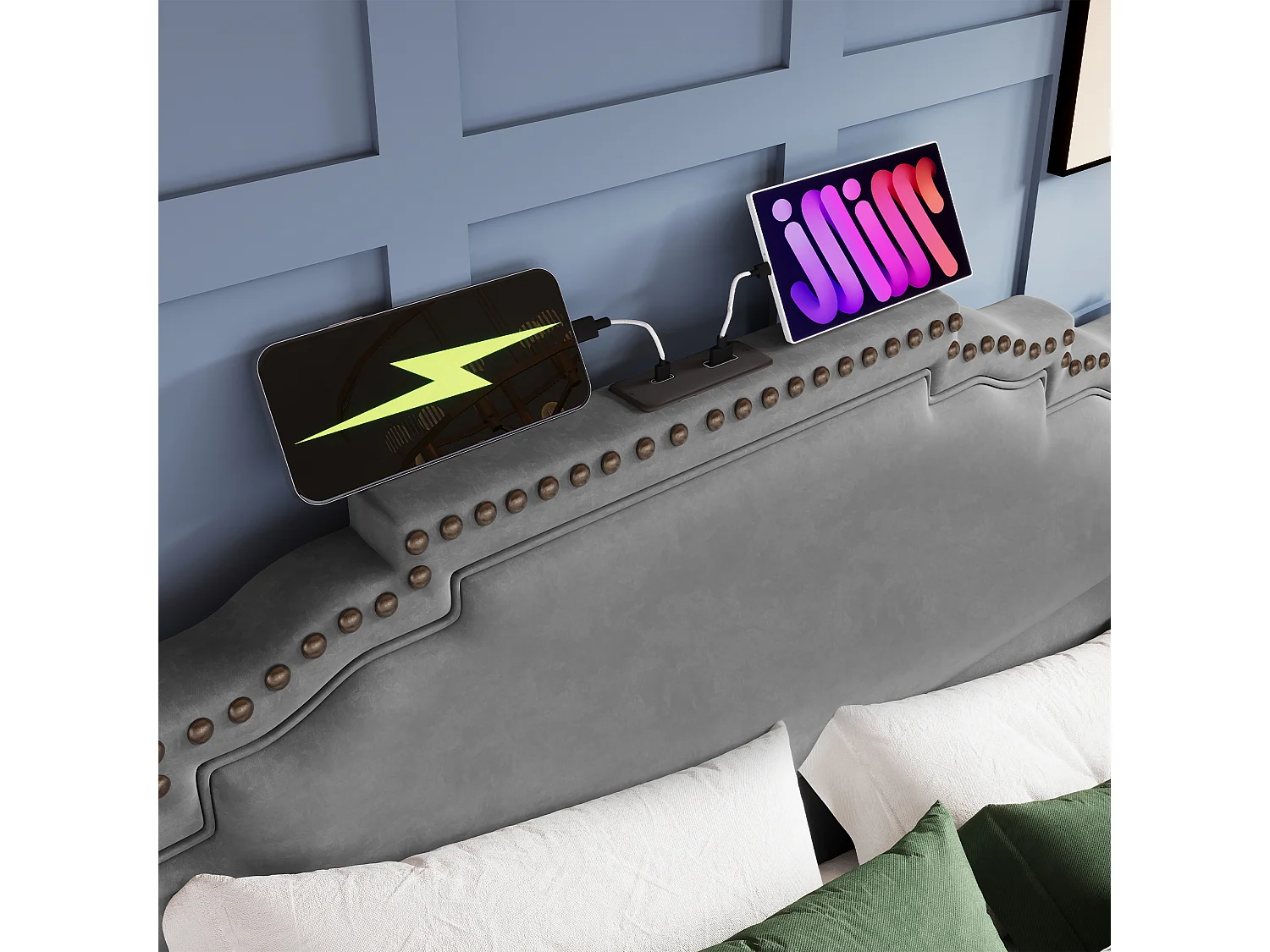 Lit tapissier double 160×200cm : 4 tiroirs, LED + prise USB-C, rangement + lit ado, lattes de support, velours, gris (sans matelas)