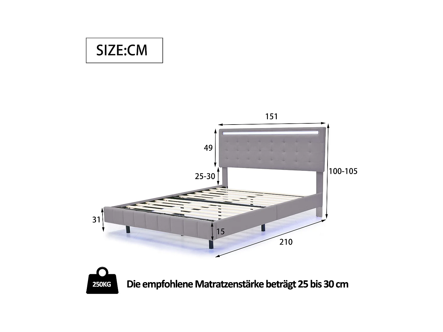 Lit rembourré 140x200 cm gris, cadre flottant avec LED, tête de lit design, lit double plat en lin doux pour la peau