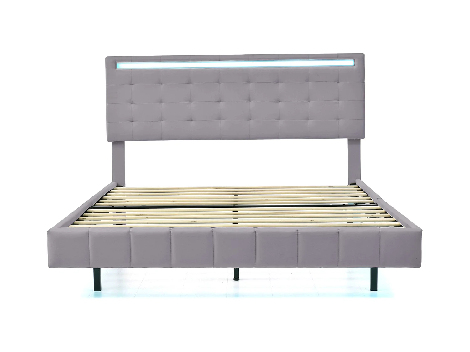 Lit rembourré 140x200 cm gris, cadre flottant avec LED, tête de lit design, lit double plat en lin doux pour la peau