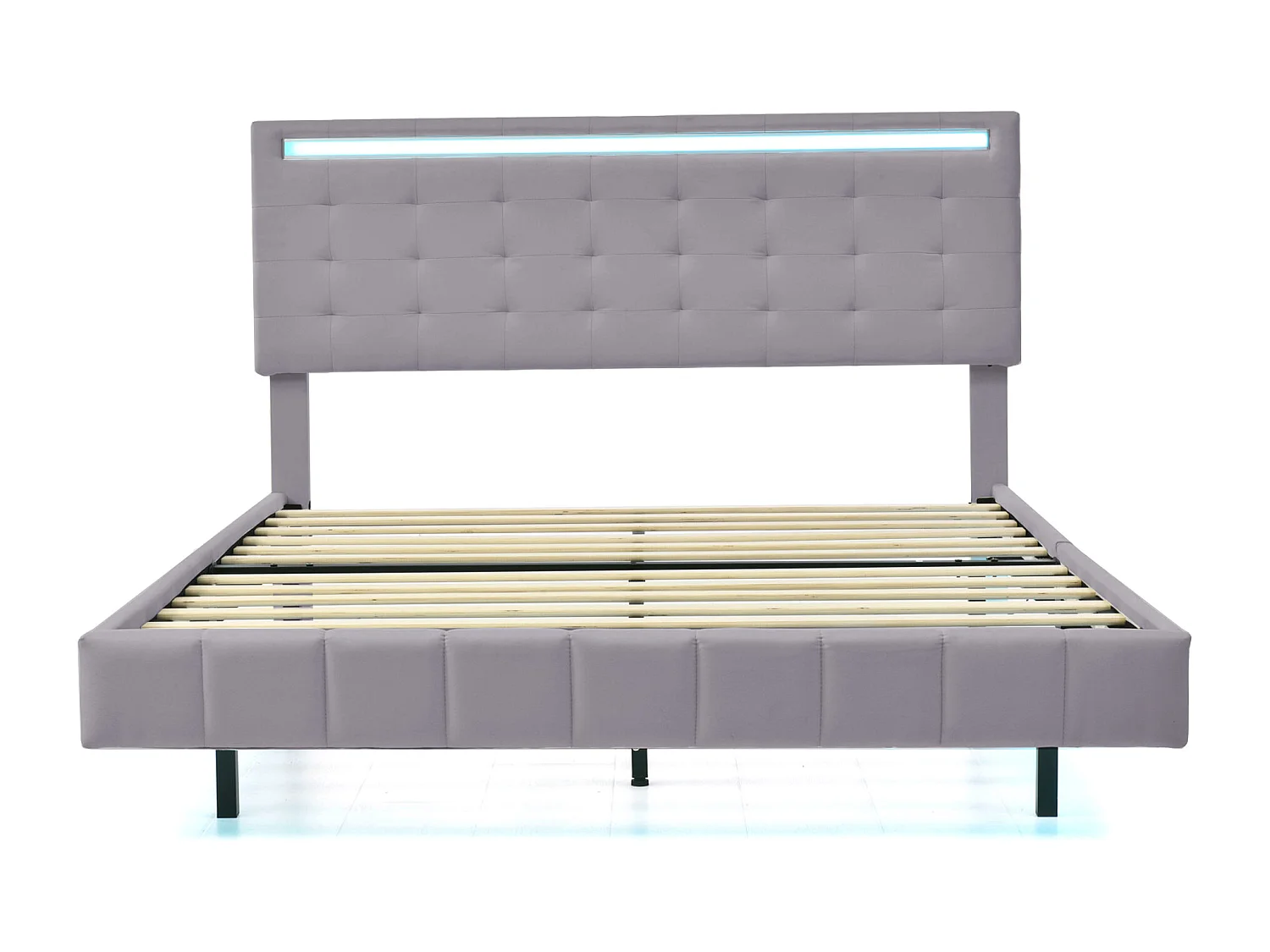 Lit rembourré 140x200 cm gris, cadre flottant avec LED, tête de lit design, lit double plat en lin doux pour la peau