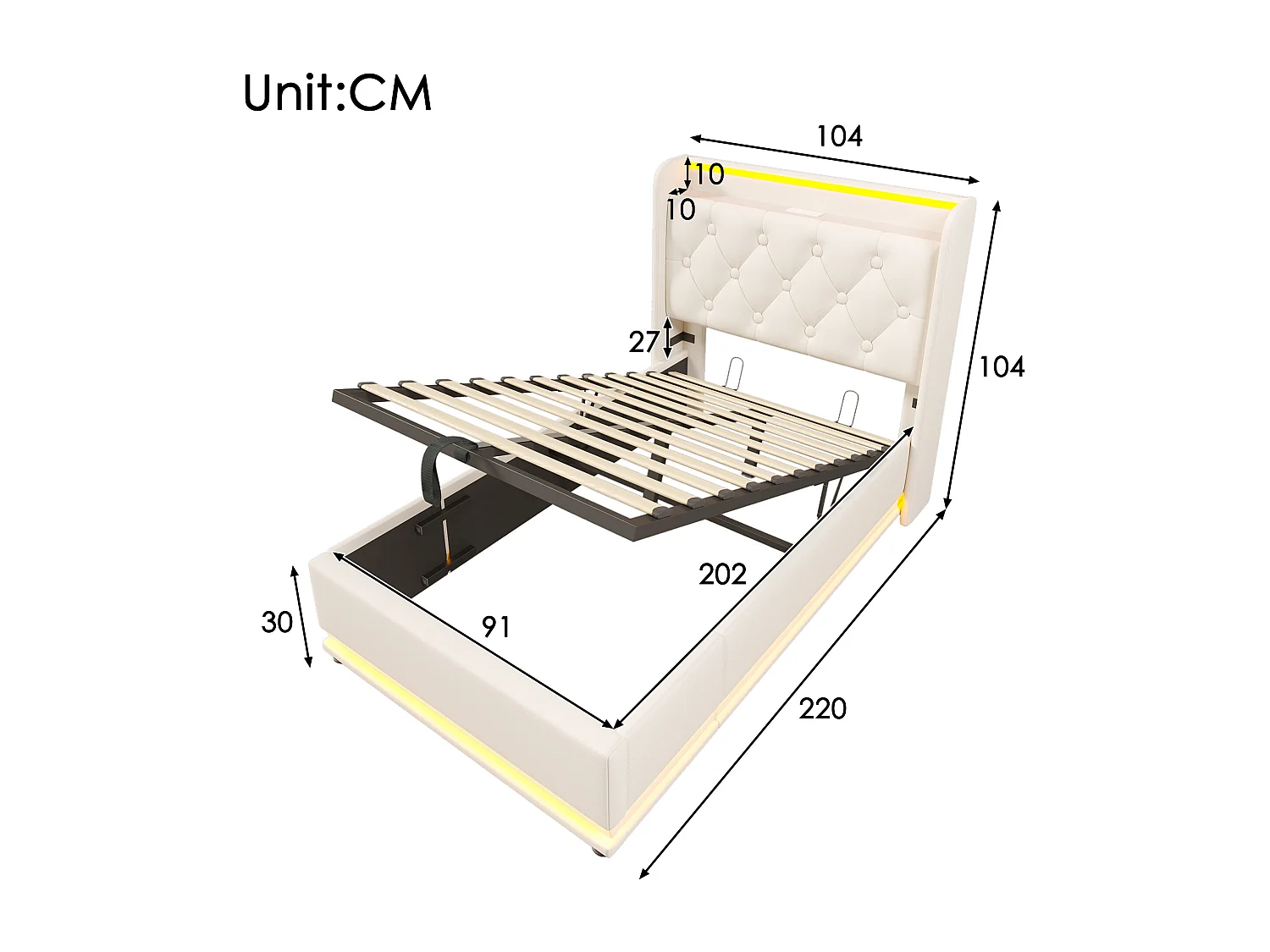 Lit simple 90x200 blanc en PU avec LED 360°, tête rembourrée, commande tactile/app/télécommande, USB Type-C, hydraulique (sans matelas)