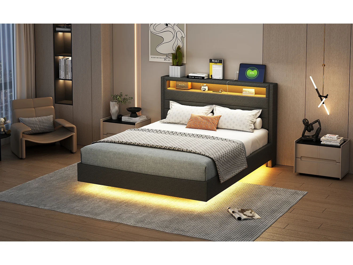 Lit 140 x 200 cm avec Port USB, LED et Tête de Lit Réversible, en Tissu Lin Gris