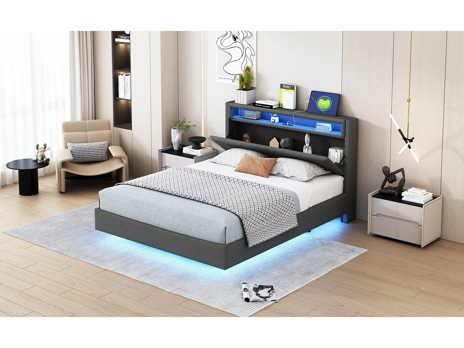 Lit 140 x 200 cm avec Port USB, LED et Tête de Lit Réversible, en Tissu Lin Gris