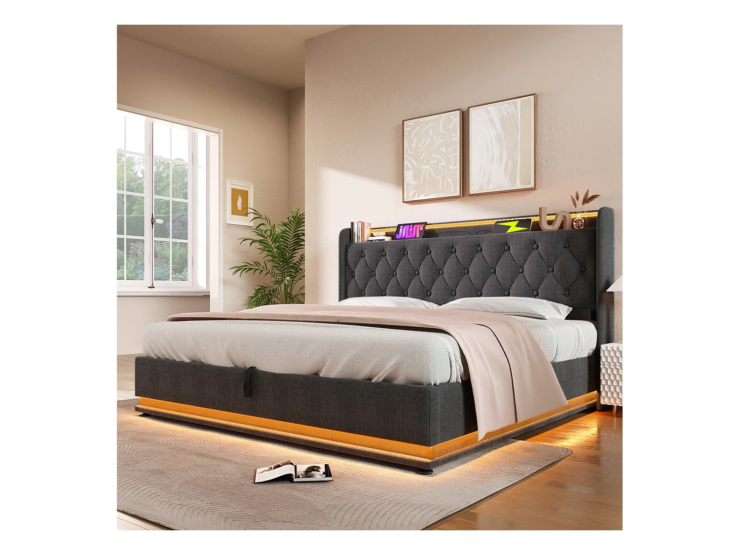 Lit double 140x200 avec LED 360°, tête rembourrée, commande tactile/app/à distance, USB Type-C, lin gris, hydraulique (sans matelas)