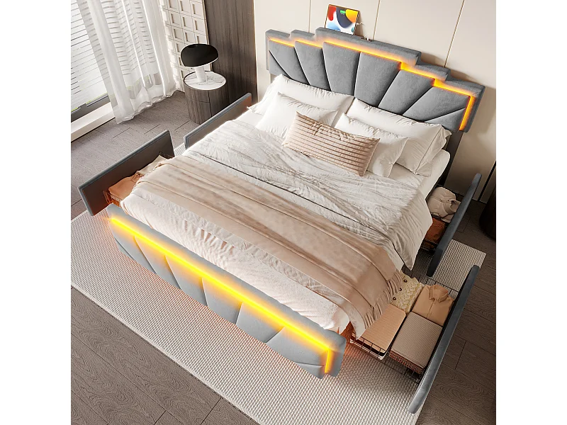 Lit capitonné moderne 160x200cm – Design élégant, tête de lit trapézoïdale unique, bande LED intégrée, 2 réglages de hauteur, USB Type-C, 2 tiroirs spacieux