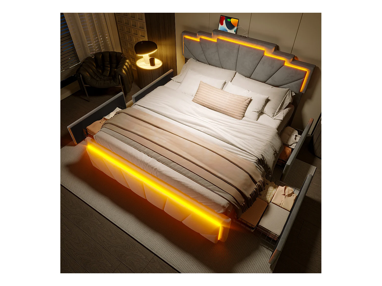 Lit capitonné moderne 160x200cm – Design élégant, tête de lit trapézoïdale unique, bande LED intégrée, 2 réglages de hauteur, USB Type-C, 2 tiroirs spacieux
