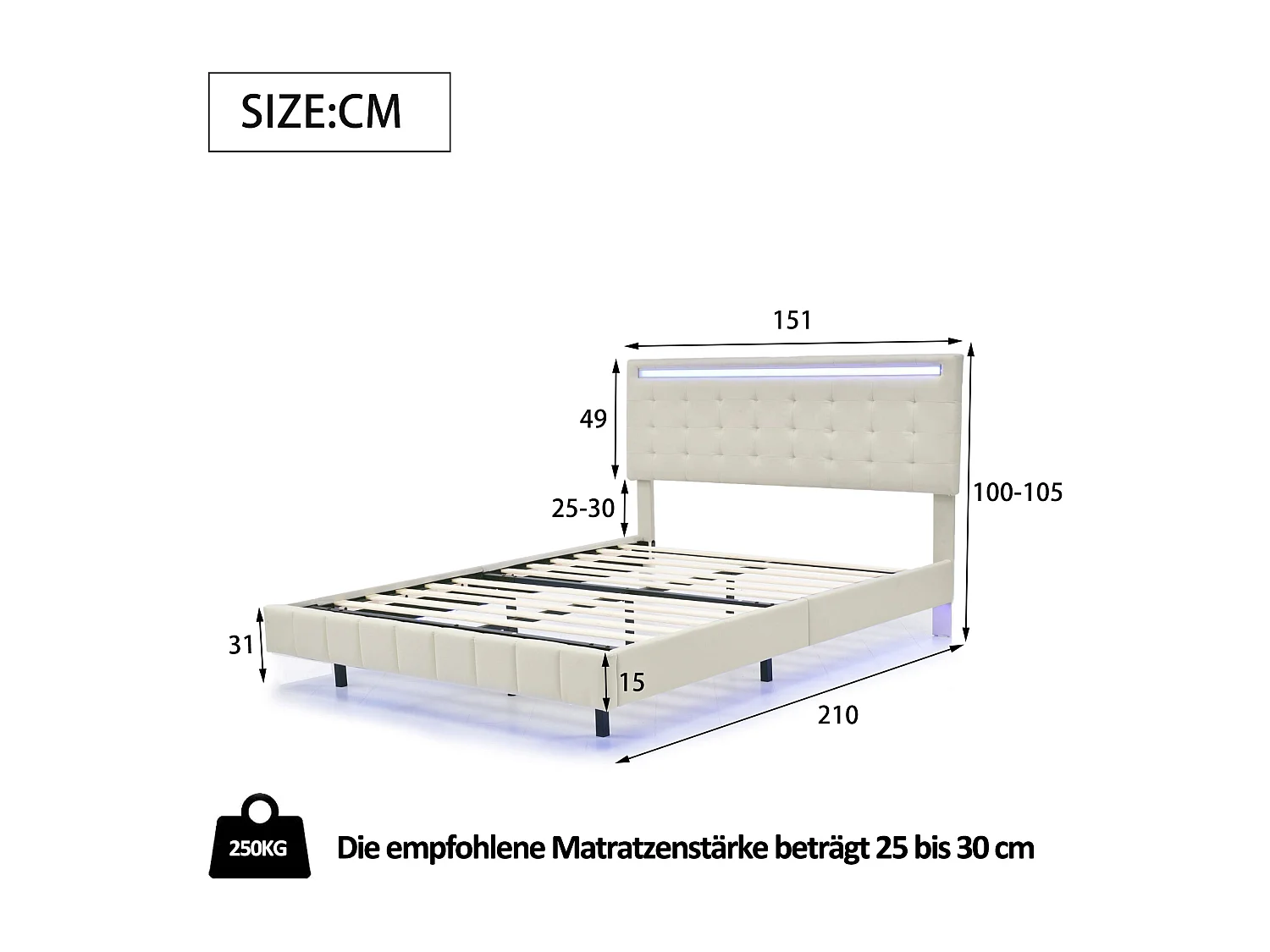 Lit rembourré 140x200 cm beige, cadre flottant avec éclairage LED, tête de lit design, lit double plat en lin confortable