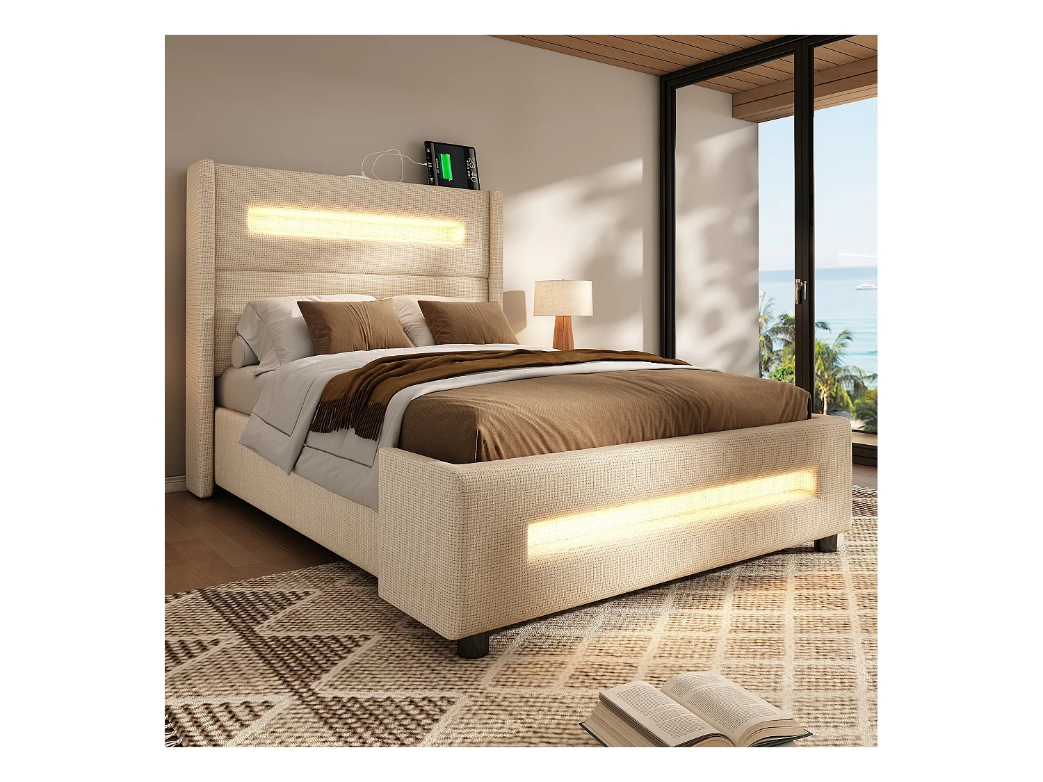 Lit tapissier ado 90×200cm : LED, rangement hydraulique + USB Type-C, cadre métal + lattes bois, beige, lin (sans matelas)