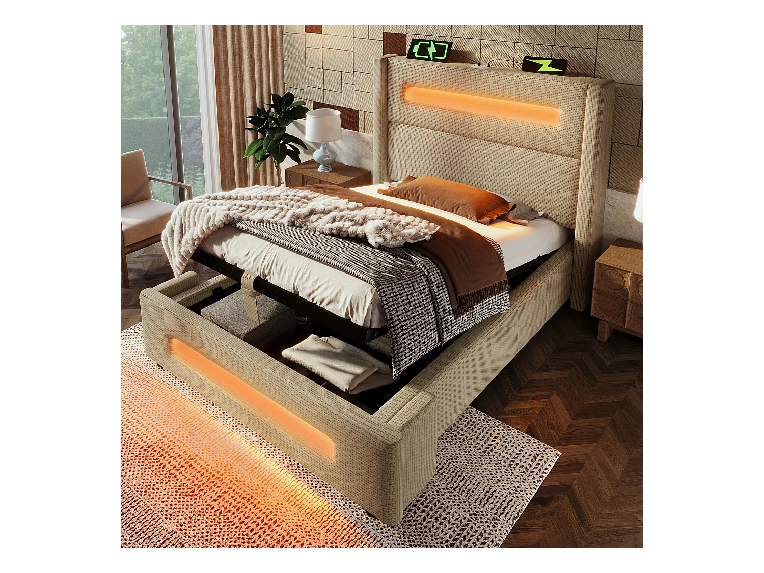 Lit tapissier ado 90×200cm : LED, rangement hydraulique + USB Type-C, cadre métal + lattes bois, beige, lin (sans matelas)