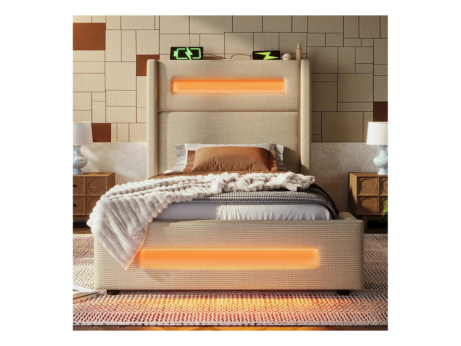 Lit tapissier ado 90×200cm : LED, rangement hydraulique + USB Type-C, cadre métal + lattes bois, beige, lin (sans matelas)
