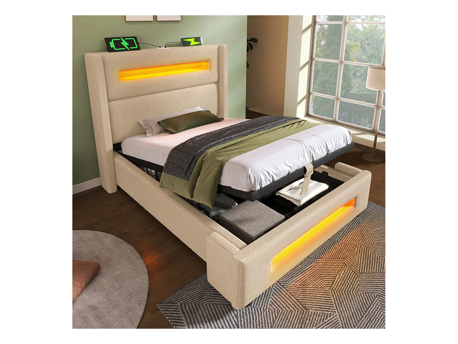 Lit tapissier ado 90×200cm : LED, rangement hydraulique + USB Type-C, cadre métal + lattes bois, beige, lin (sans matelas)