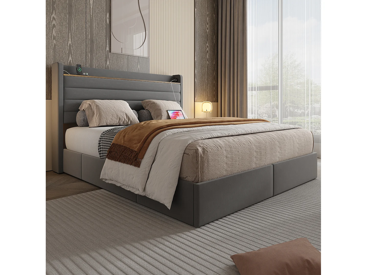 Cadre de lit moderne grand 160 x 200 cm (Gris) : rembourré en velours, tête de lit avec port USB et fonction de rangement, 4 tiroirs sous le gestell.