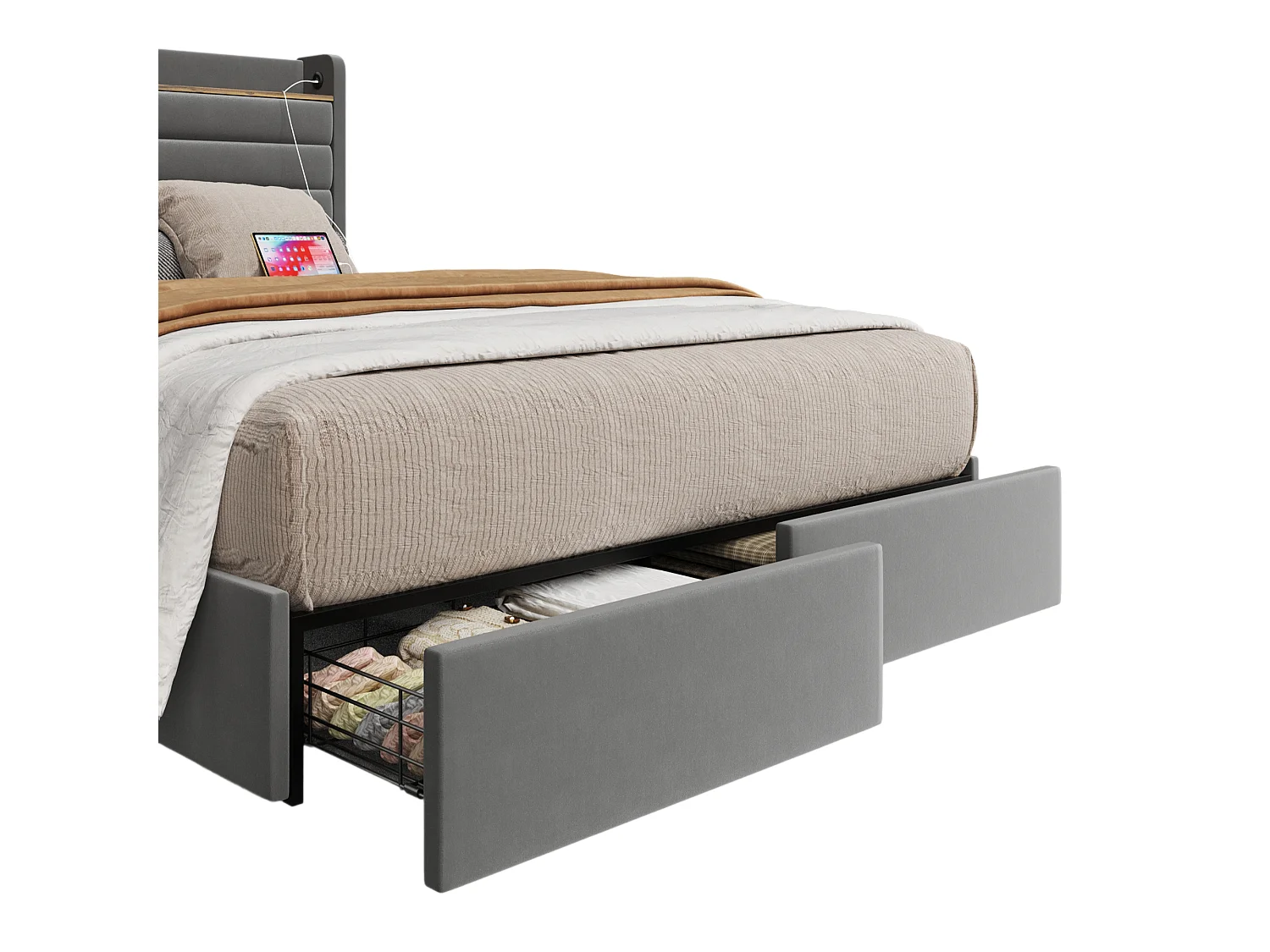Cadre de lit moderne grand 160 x 200 cm (Gris) : rembourré en velours, tête de lit avec port USB et fonction de rangement, 4 tiroirs sous le gestell.