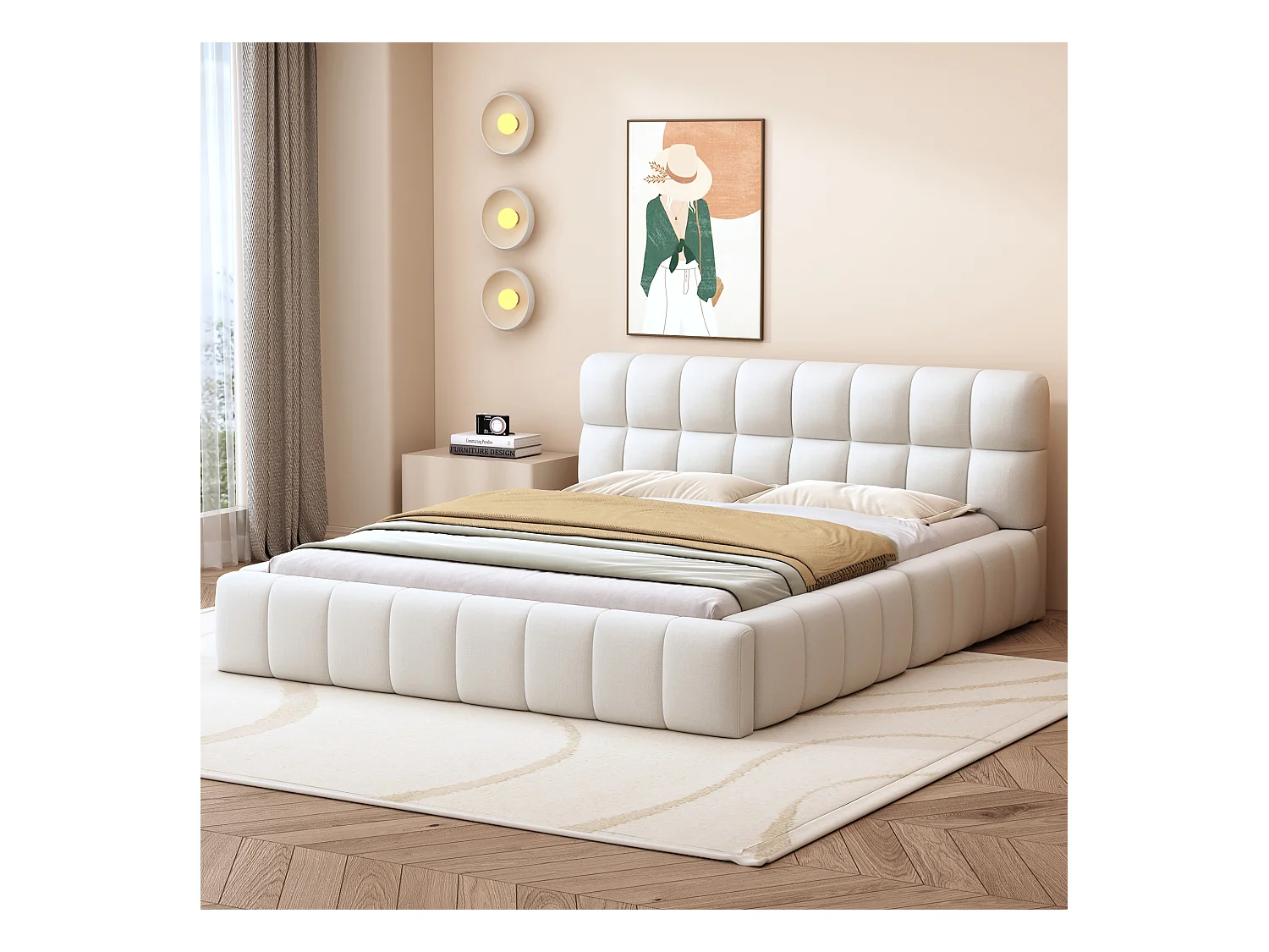 Lit capitonné 140 x 200 cm, Lit pour adolescent, Lit double avec dossier moelleux, Lit plat avec contour rembourré, Sommier en lin beige (Matelas non inclus)
