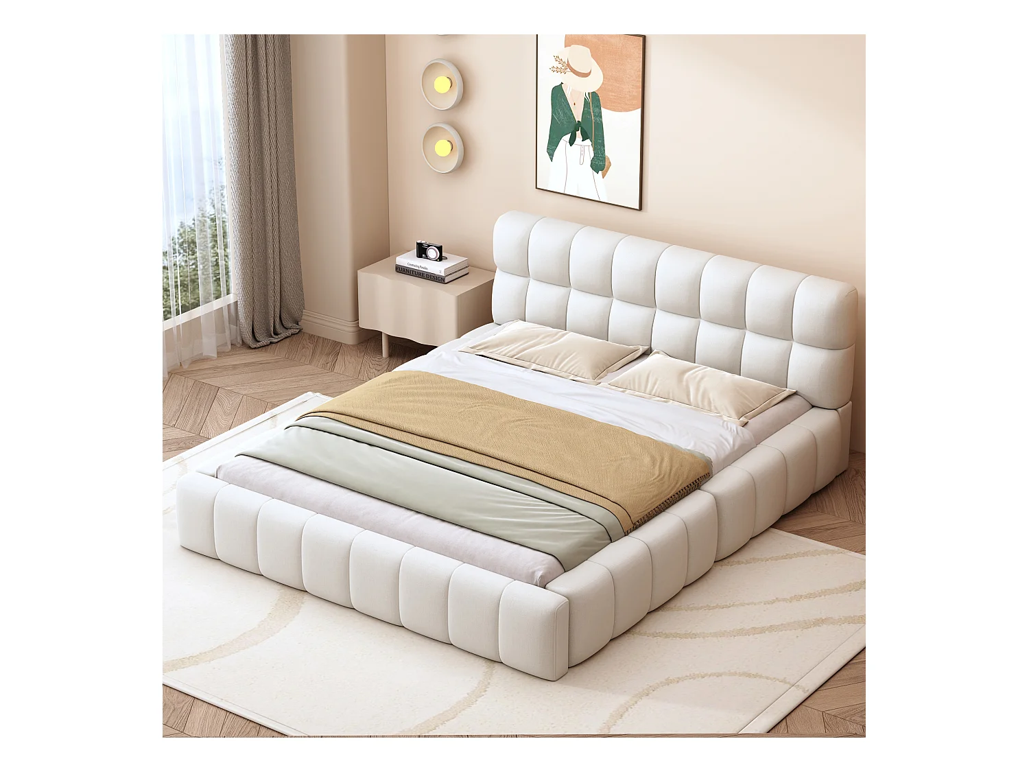 Lit capitonné 140 x 200 cm, Lit pour adolescent, Lit double avec dossier moelleux, Lit plat avec contour rembourré, Sommier en lin beige (Matelas non inclus)
