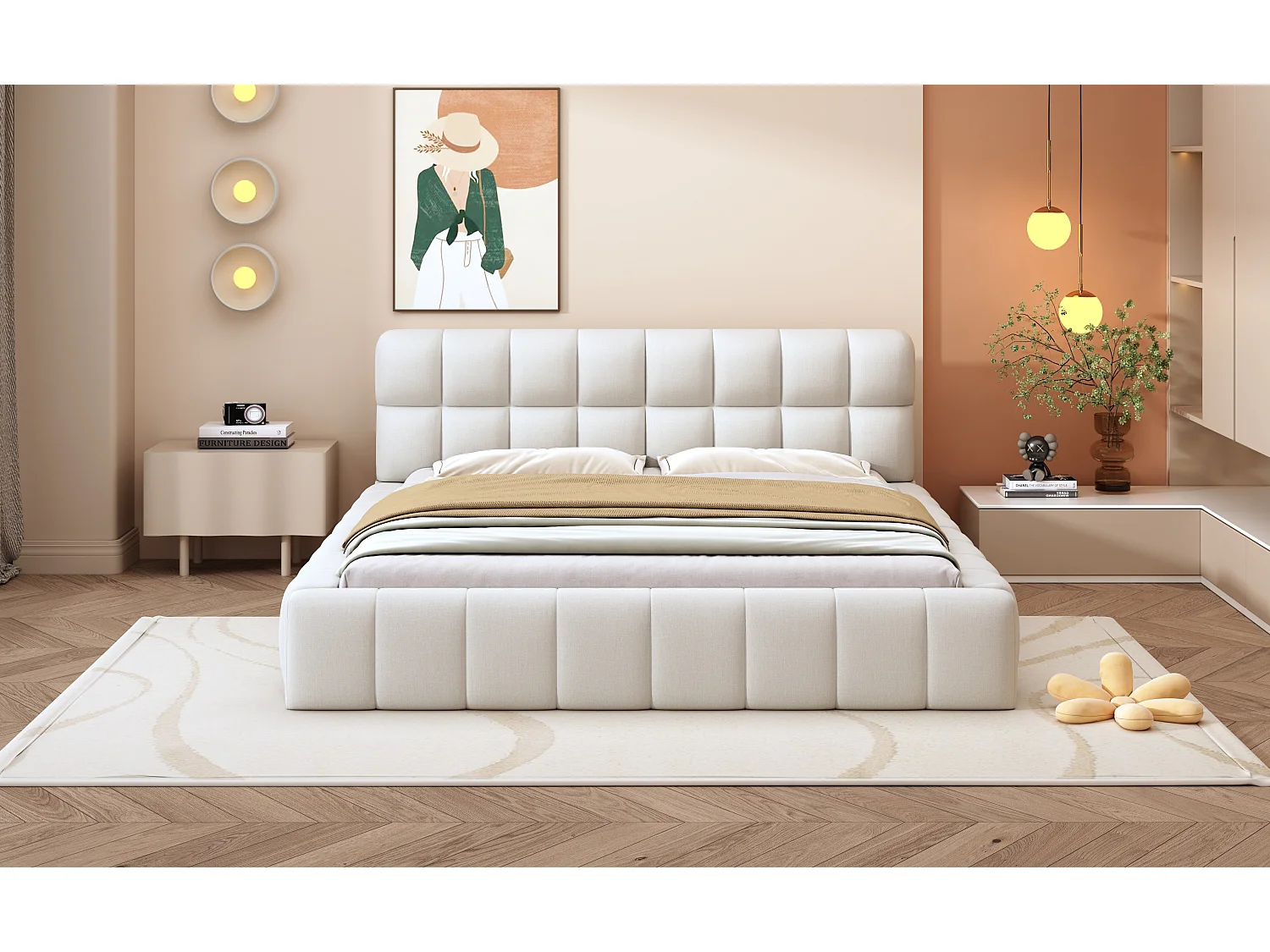 Lit capitonné 140 x 200 cm, Lit pour adolescent, Lit double avec dossier moelleux, Lit plat avec contour rembourré, Sommier en lin beige (Matelas non inclus)