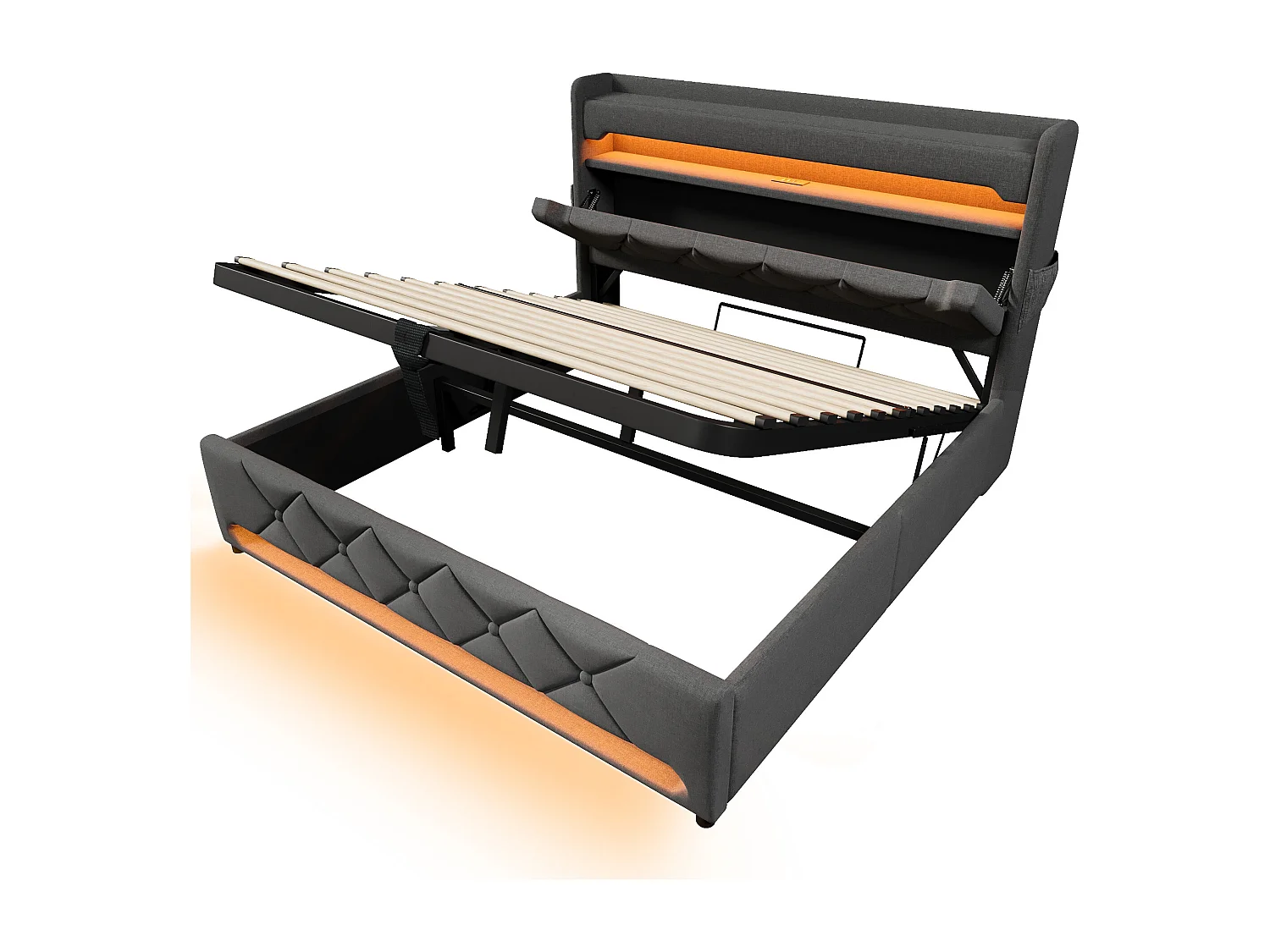 Lit tapissier double 180×200cm : Tête rangement (USB/Typ-C), LED 360° surround (tête/pied), rangement hydraulique, gris, lin (sans matelas)