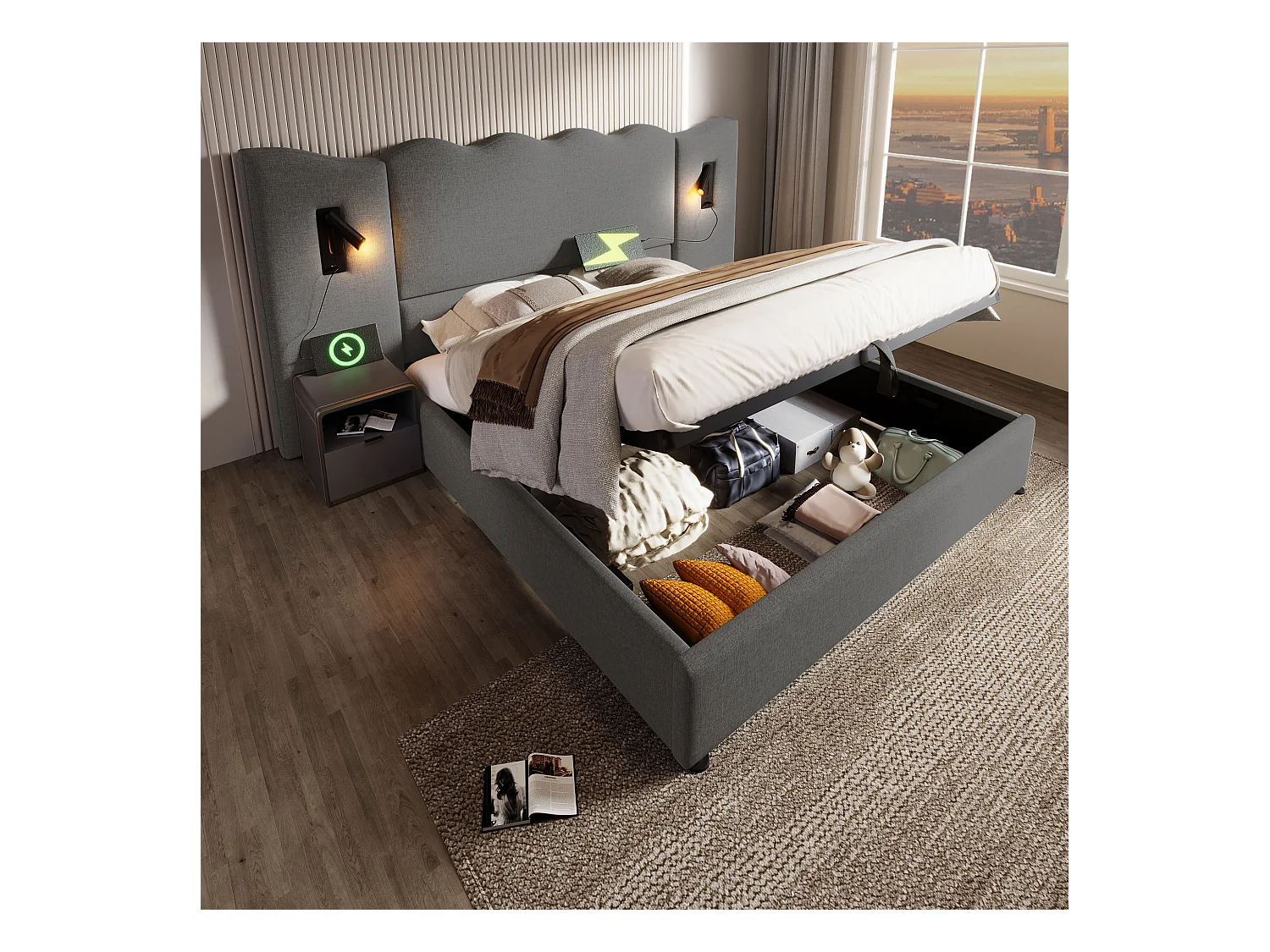 Lit double 180×200 avec lampe de lecture et port USB Type-C, structure en bois massif et métal, gris, lin (sans matelas)