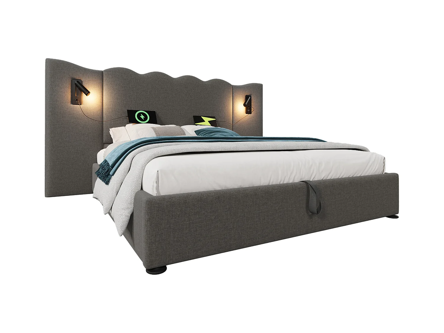 Lit double 180×200 avec lampe de lecture et port USB Type-C, structure en bois massif et métal, gris, lin (sans matelas)