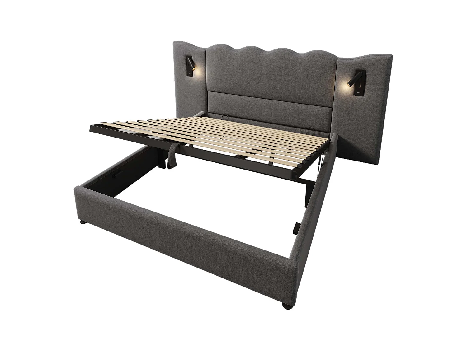 Lit double 180×200 avec lampe de lecture et port USB Type-C, structure en bois massif et métal, gris, lin (sans matelas)