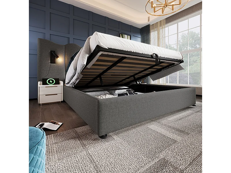 Lit double 180×200 avec lampe de lecture et port USB Type-C, structure en bois massif et métal, gris, lin (sans matelas)