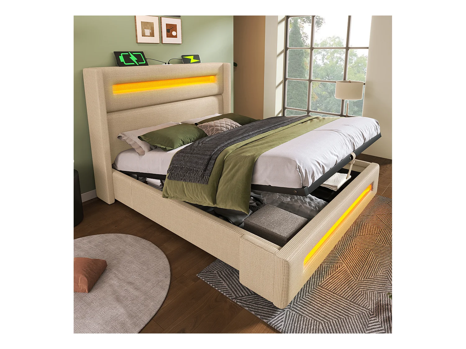 Lit tapissier double ado 140×200cm : LED, rangement hydraulique + USB Type-C, cadre métal + lattes bois, beige, lin (sans matelas)