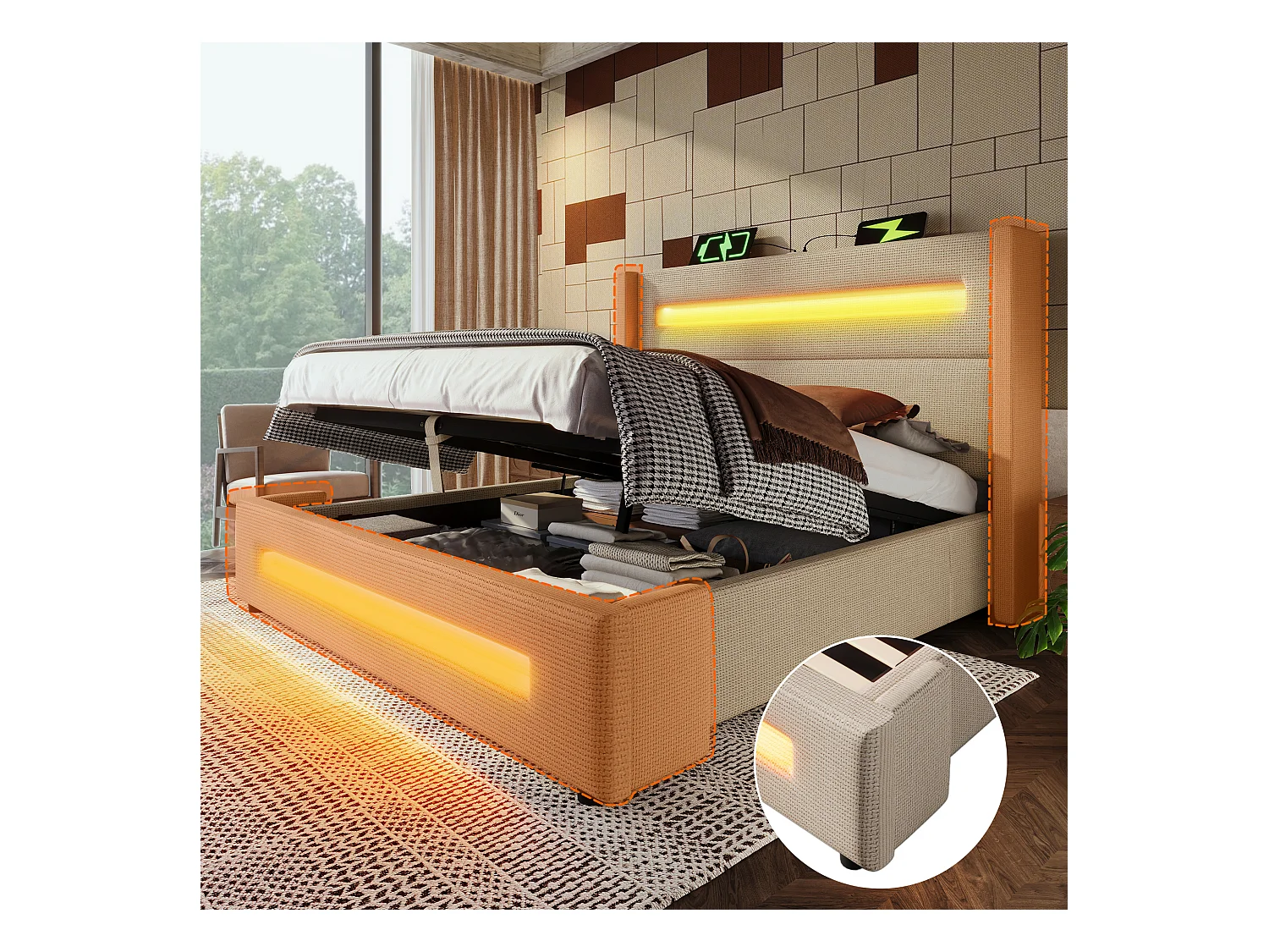 Lit tapissier double ado 140×200cm : LED, rangement hydraulique + USB Type-C, cadre métal + lattes bois, beige, lin (sans matelas)