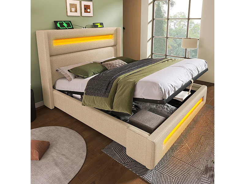 Lit tapissier double ado 140×200cm : LED, rangement hydraulique + USB Type-C, cadre métal + lattes bois, beige, lin (sans matelas)