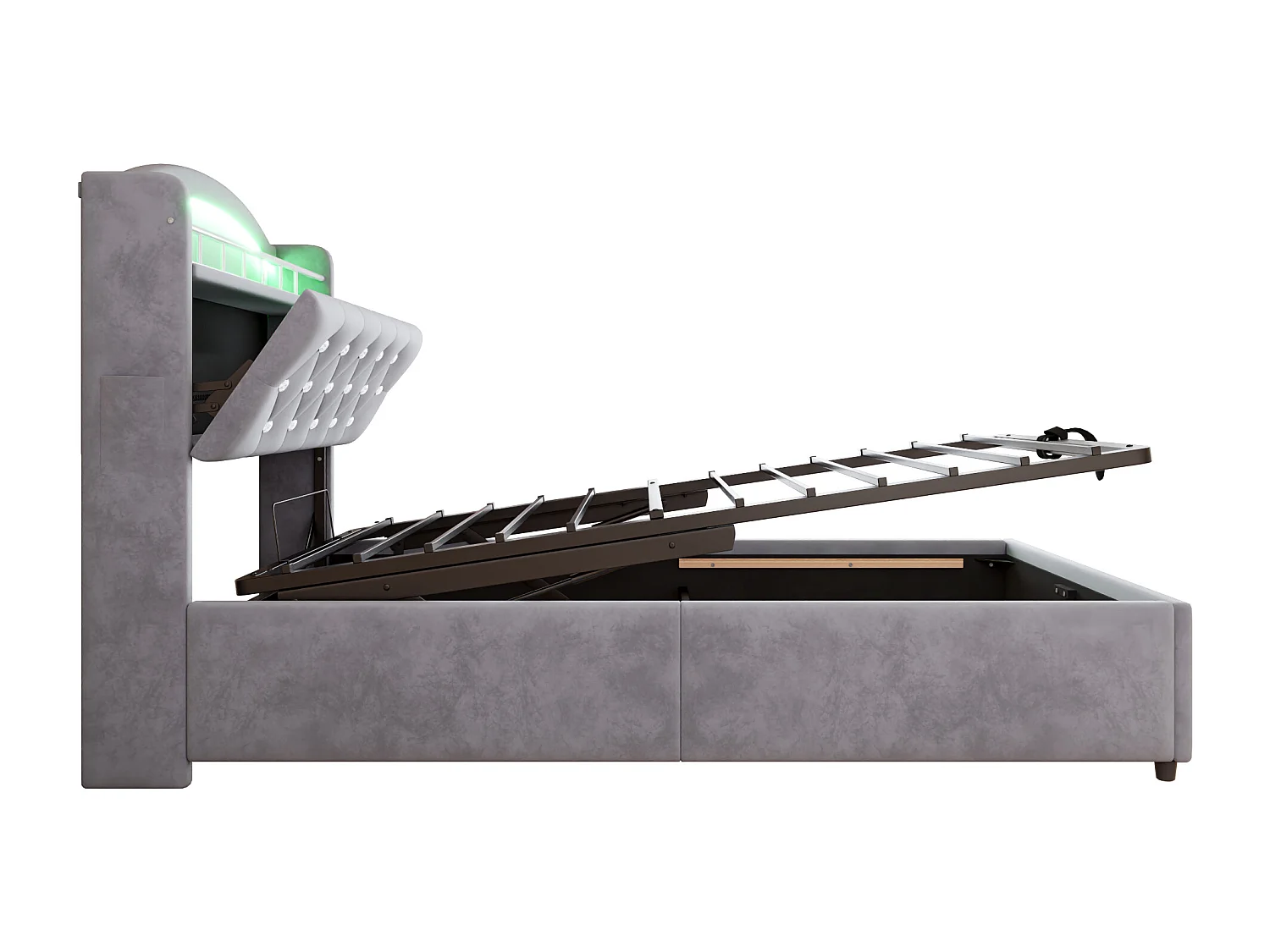 Lit enfant 90x200 cm gris en velours, lit simple multifonction avec rangement, LED et port USB