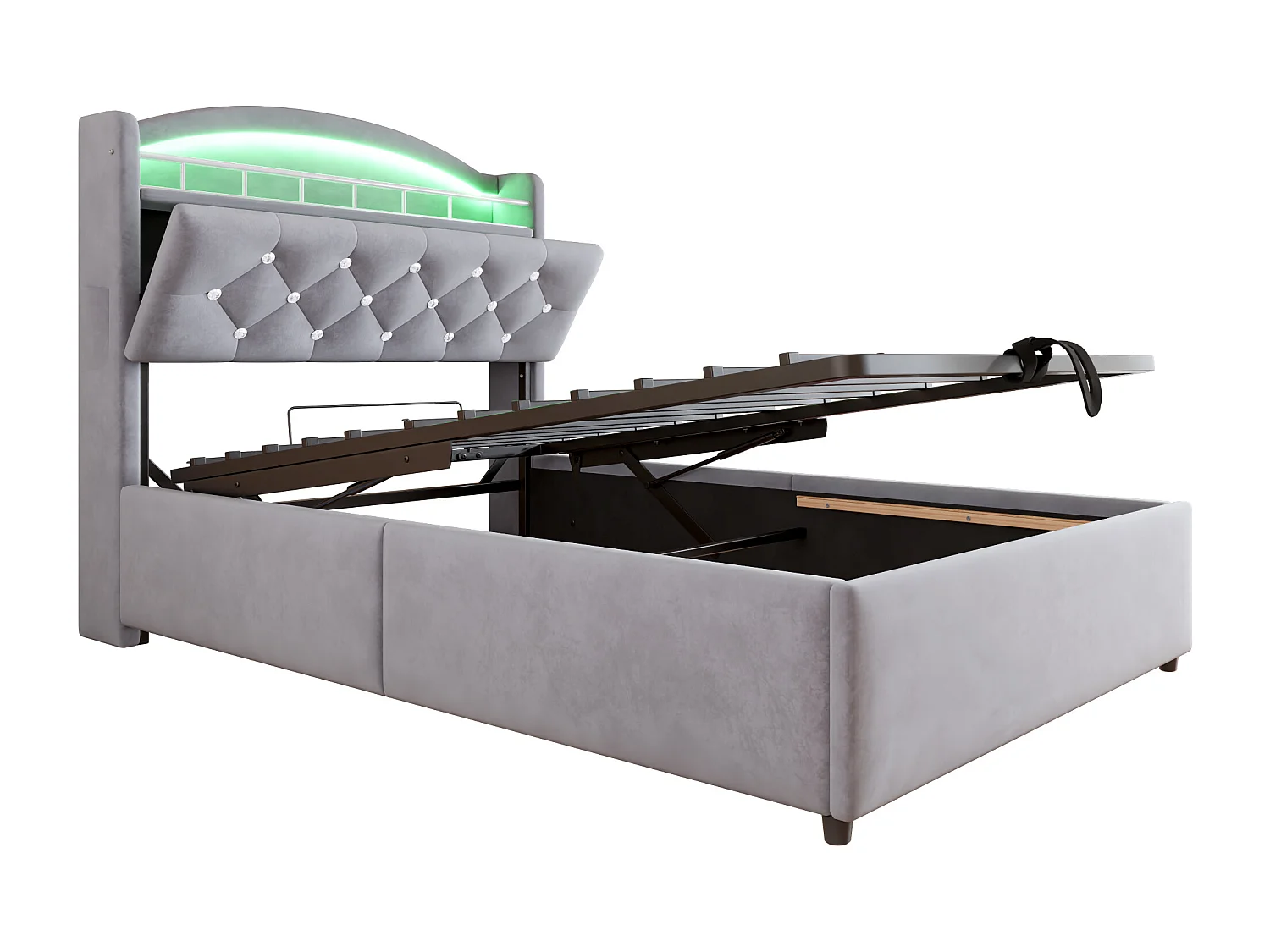 Lit enfant 90x200 cm gris en velours, lit simple multifonction avec rangement, LED et port USB