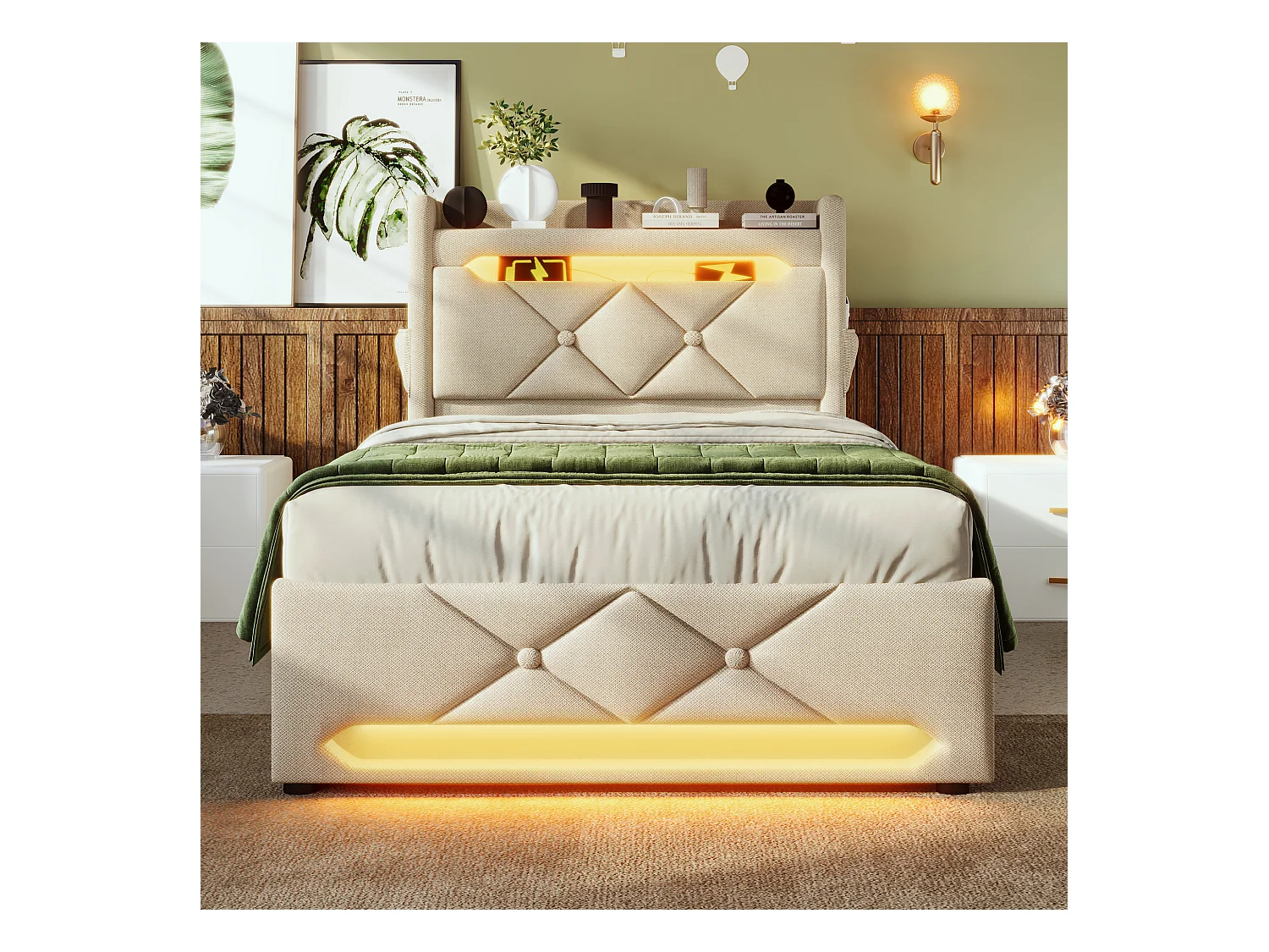 Lit tapissier simple 90×200cm : Tête rangement (USB/Typ-C), LED 360° ambiante (tête/pied), rangement hydraulique, beige, lin (sans matelas)