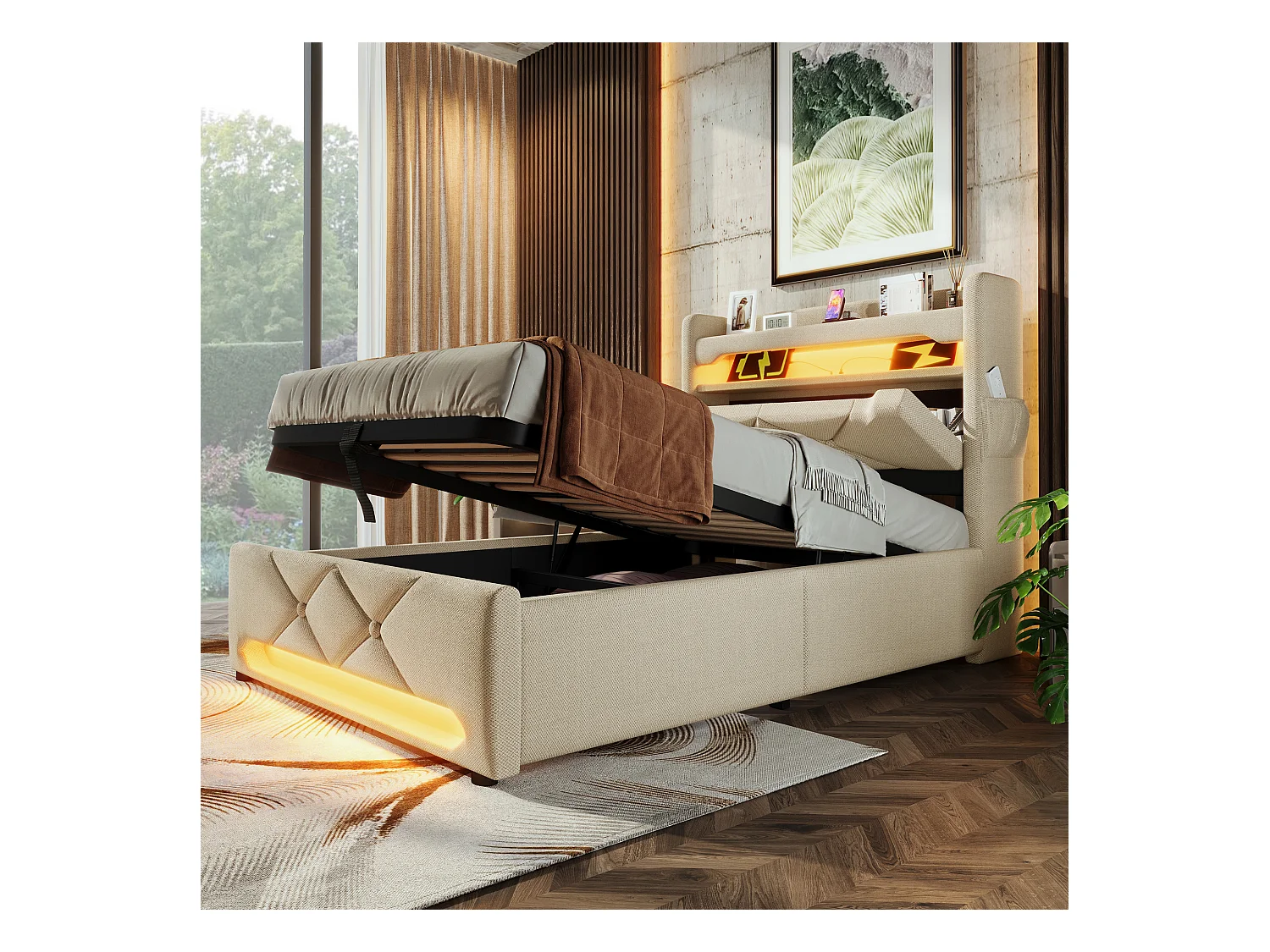 Lit tapissier simple 90×200cm : Tête rangement (USB/Typ-C), LED 360° ambiante (tête/pied), rangement hydraulique, beige, lin (sans matelas)