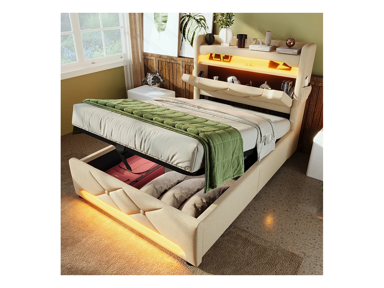 Lit tapissier simple 90×200cm : Tête rangement (USB/Typ-C), LED 360° ambiante (tête/pied), rangement hydraulique, beige, lin (sans matelas)