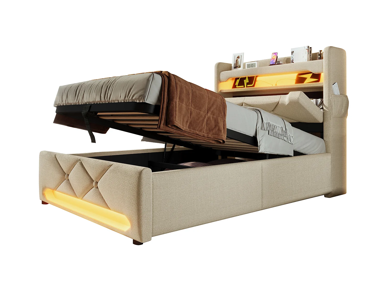 Lit tapissier simple 90×200cm : Tête rangement (USB/Typ-C), LED 360° ambiante (tête/pied), rangement hydraulique, beige, lin (sans matelas)