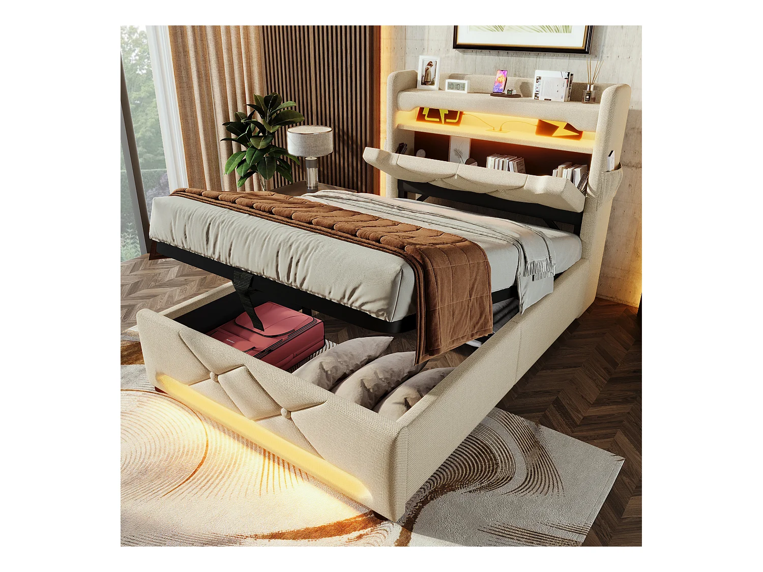 Lit tapissier simple 90×200cm : Tête rangement (USB/Typ-C), LED 360° ambiante (tête/pied), rangement hydraulique, beige, lin (sans matelas)