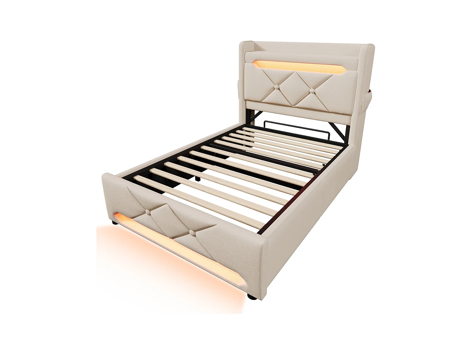 Lit tapissier simple 90×200cm : Tête rangement (USB/Typ-C), LED 360° ambiante (tête/pied), rangement hydraulique, beige, lin (sans matelas)