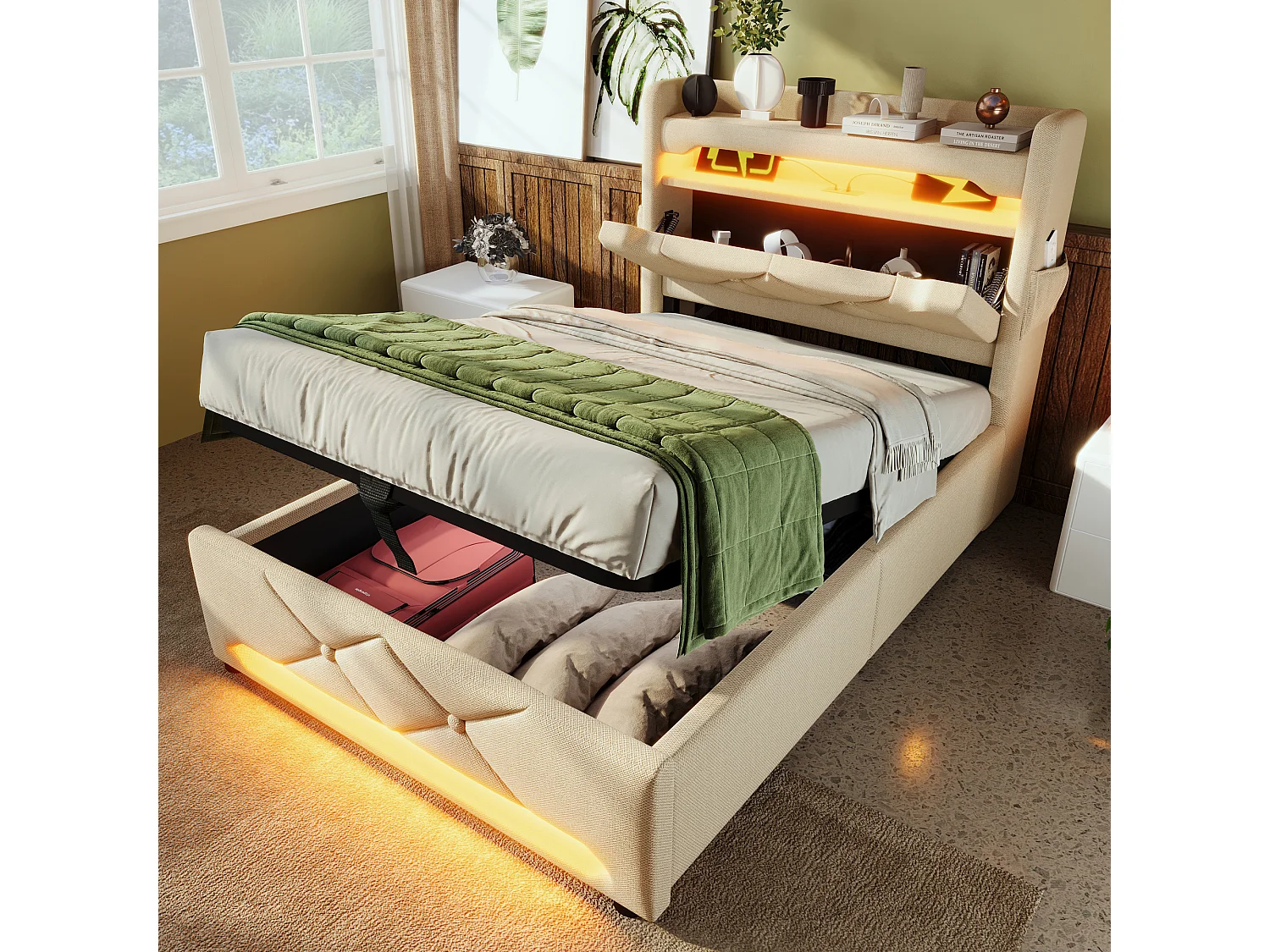 Lit tapissier simple 90×200cm : Tête rangement (USB/Typ-C), LED 360° ambiante (tête/pied), rangement hydraulique, beige, lin (sans matelas)