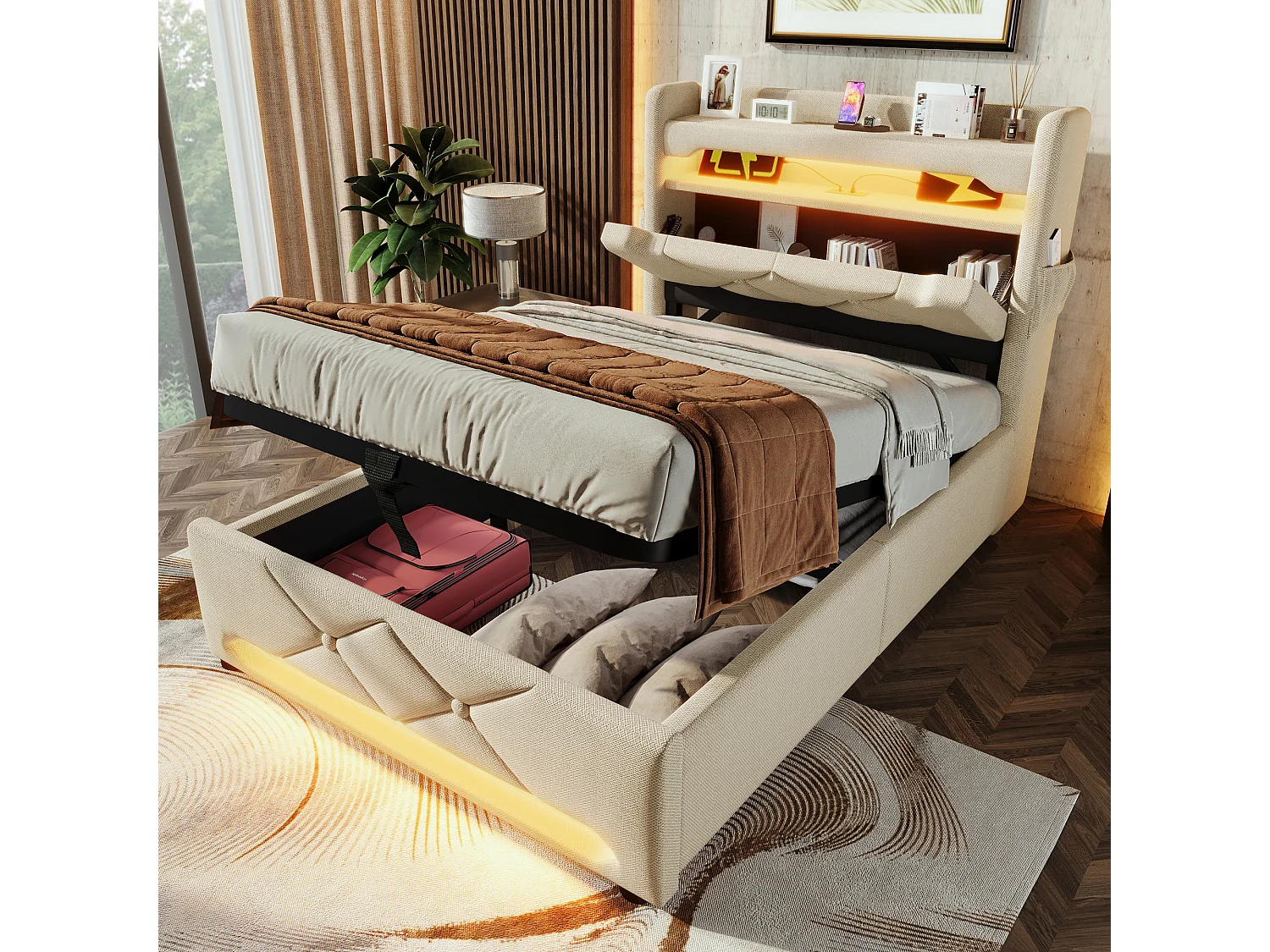 Lit tapissier simple 90×200cm : Tête rangement (USB/Typ-C), LED 360° ambiante (tête/pied), rangement hydraulique, beige, lin (sans matelas)