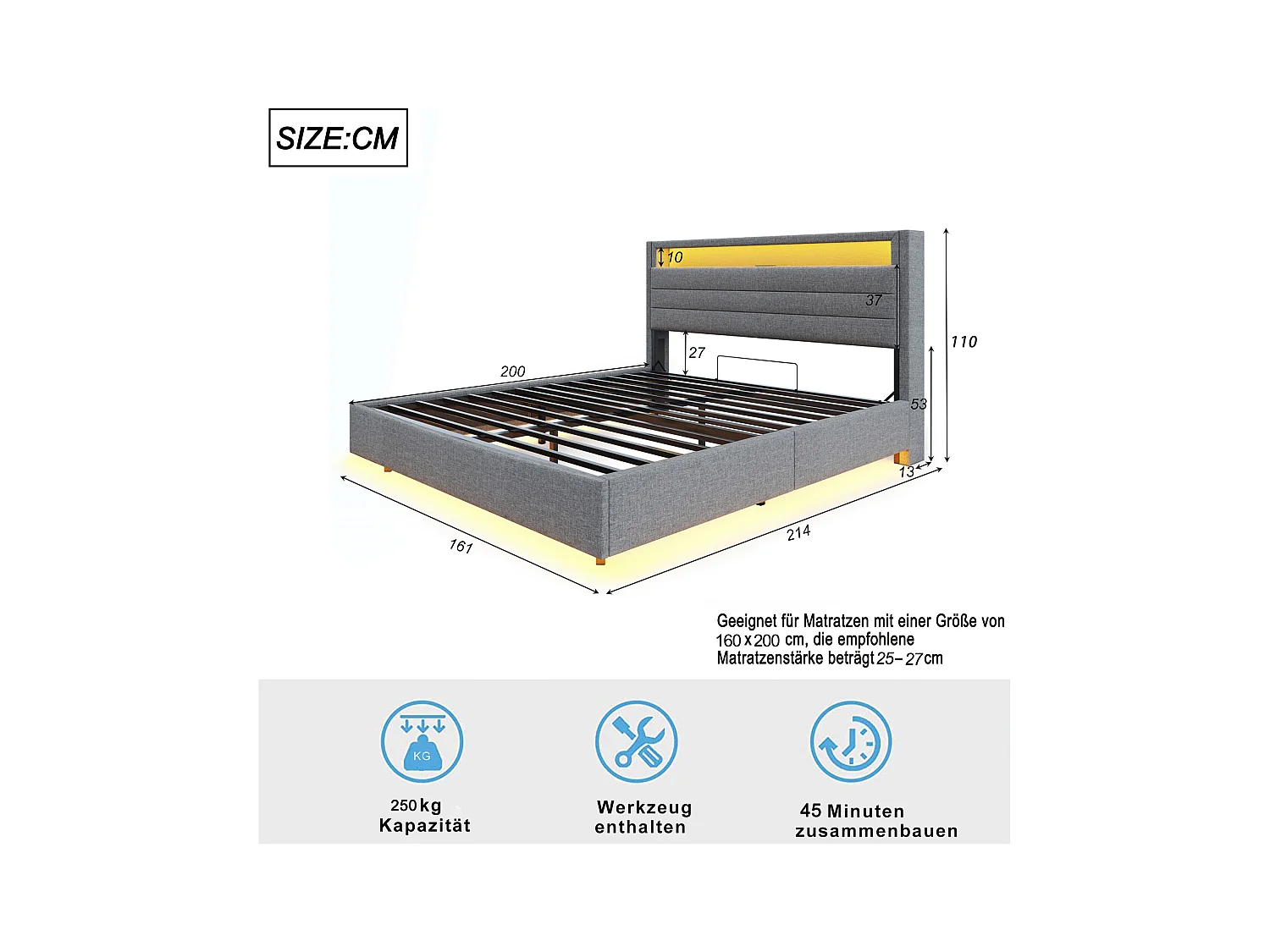 Lit 160x200 cm gris avec cadre flottant hydraulique, rangement, port USB, lumière LED, tête de lit réversible, tissu en lin