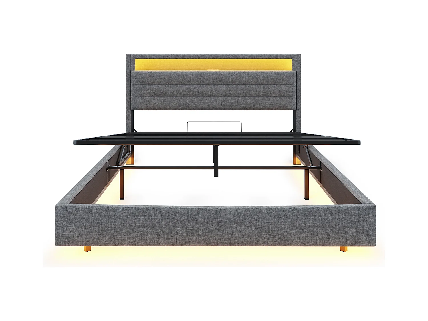 Lit 160x200 cm gris avec cadre flottant hydraulique, rangement, port USB, lumière LED, tête de lit réversible, tissu en lin